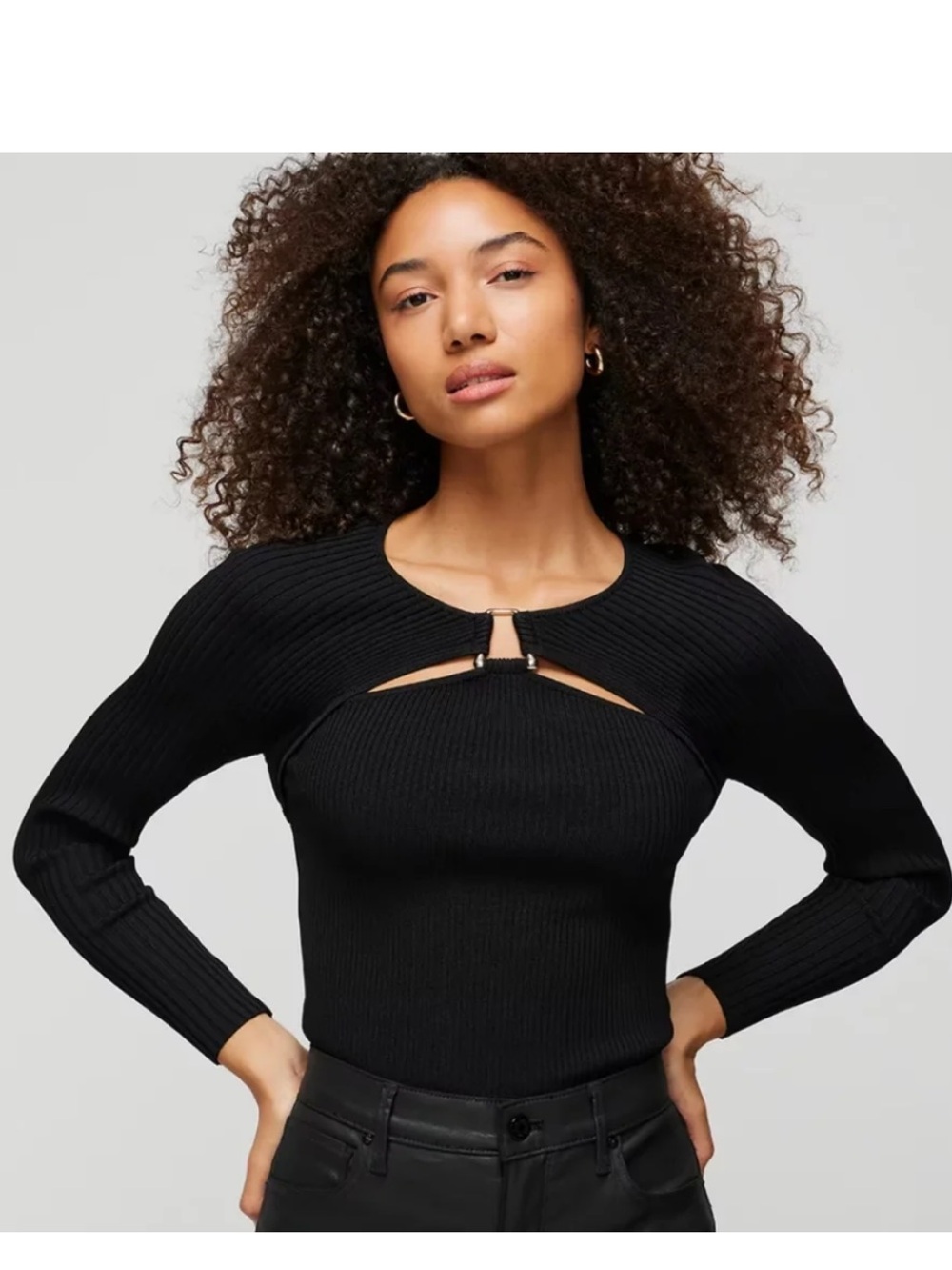 White House Black Market Black Ribbed Knit Long Sleeve Cutout Hardware